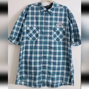 Kuhl Teal and White Plaid Button Down Shirt XXL Sierra Nevada Brewing Patch